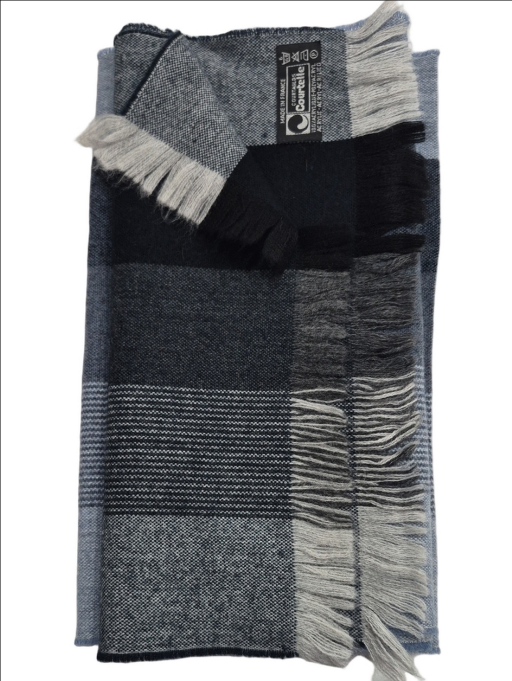 Vintage French Courtelle Plaid Fringed Scarf Blue Gray Black